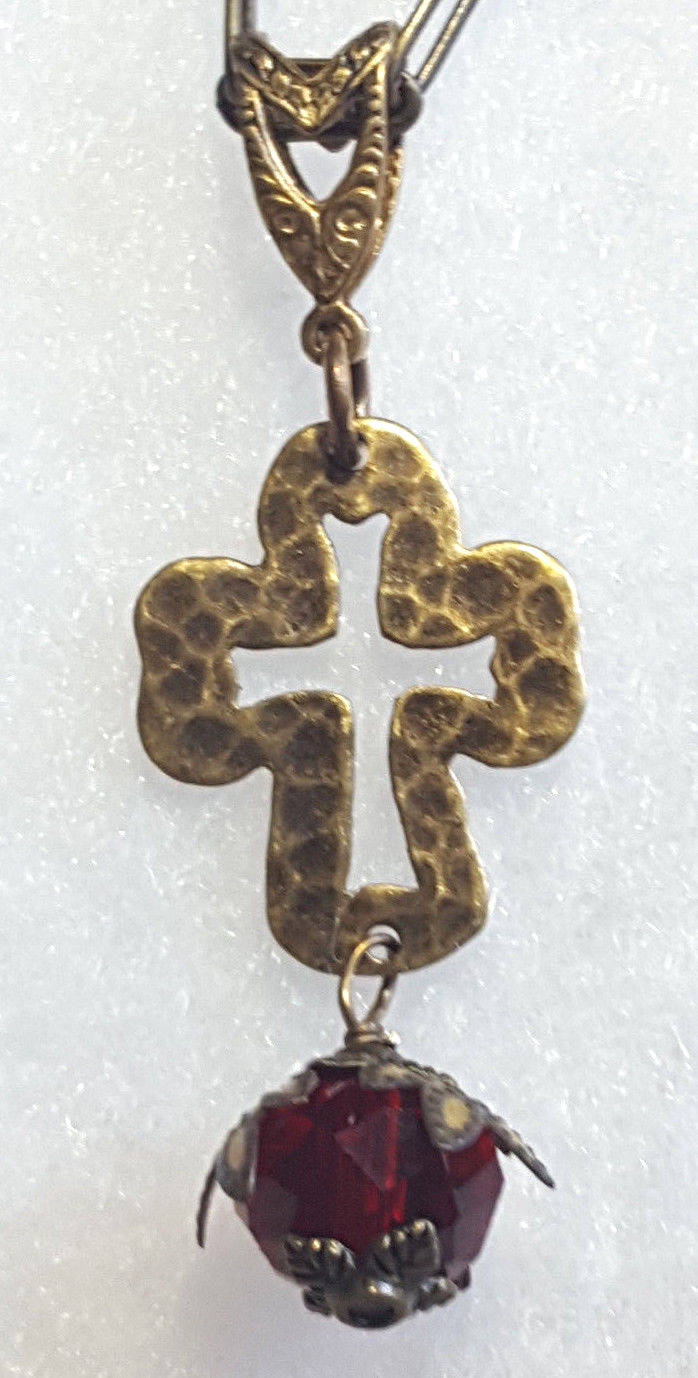 Sanctuary Cross NoMonet Necklace Gold Red Cream Crystal Hand Crafted in USA