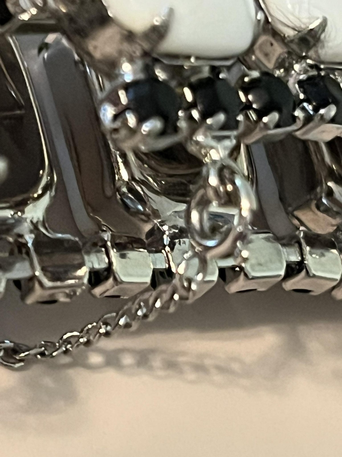White Black Glass Rhinestone Bracelet Clip On Earrings Set Safety Chain Jewelry