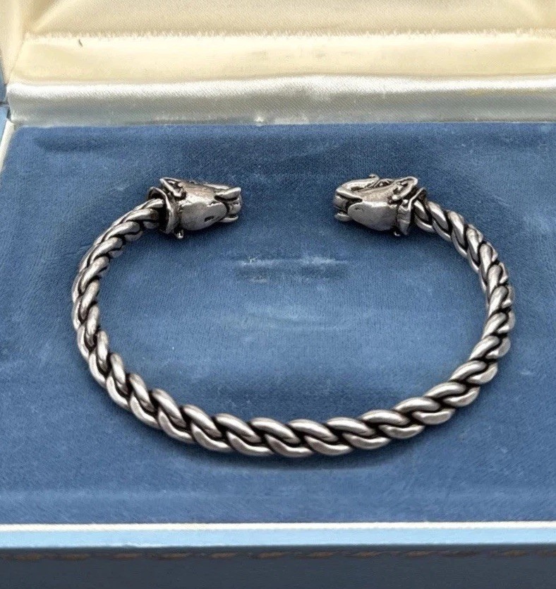 Sterling Silver Elephant Head Cuff Bracelet Open Ended Braided Bangle 39 grams