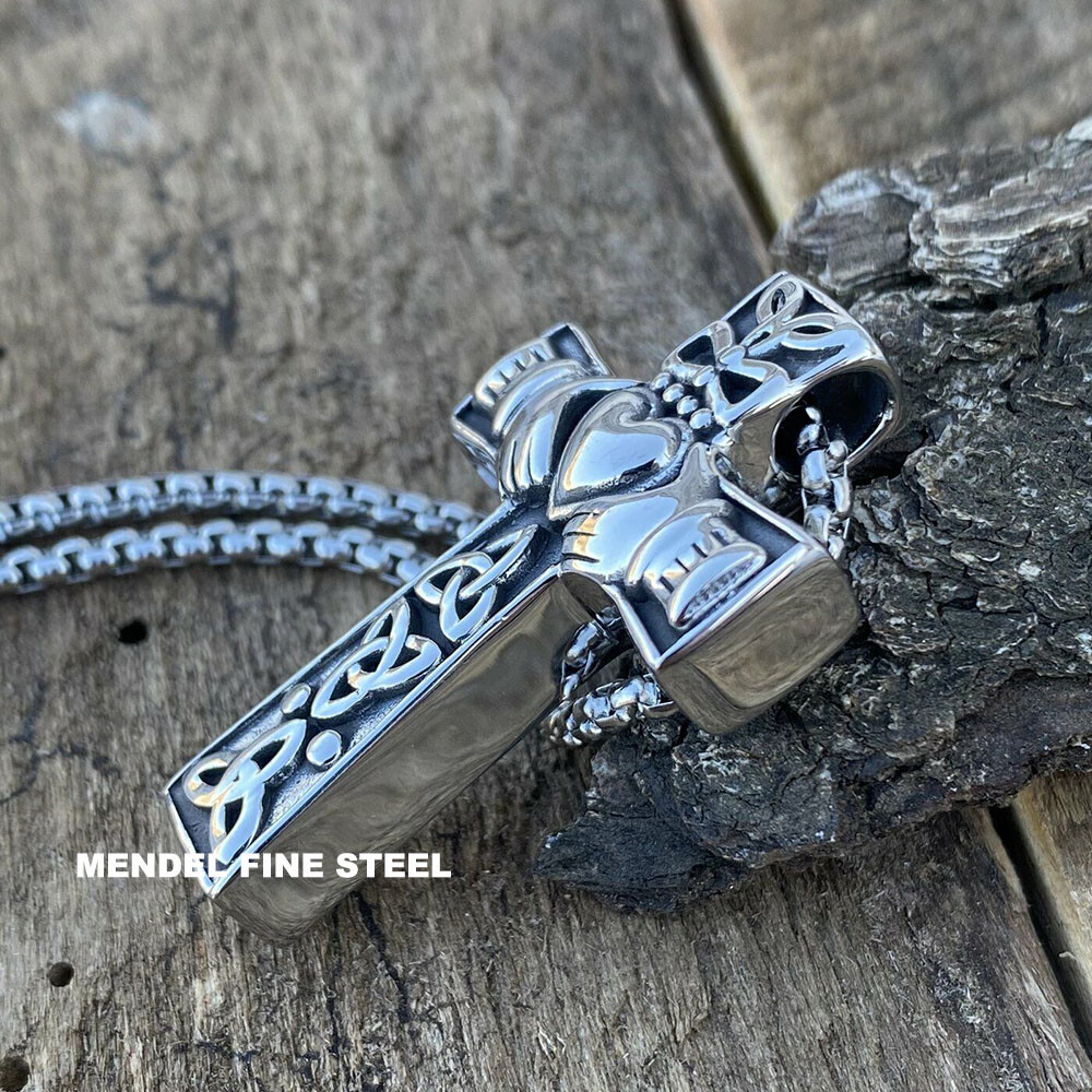 MENDEL Stainless Steel Irish Celtic Trinity Knot Claddagh Cross Pendant Necklace
