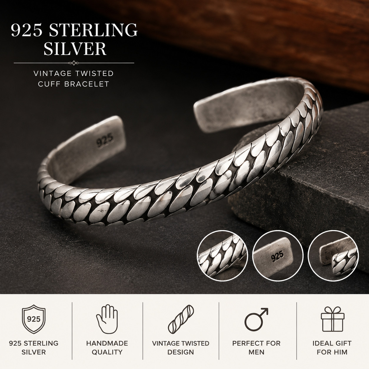 Mens Handmade 925 Sterling Silver Open Cuff Bracelet Vintage Twisted Bangle