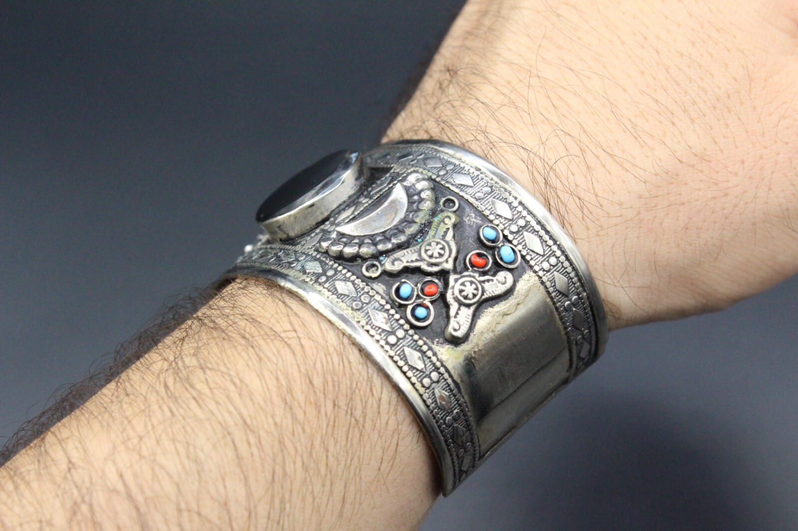 Afghan Cuff Bracelet, Black Onyx Stones Cuff Bracelet, Boho Cuff Bracelet