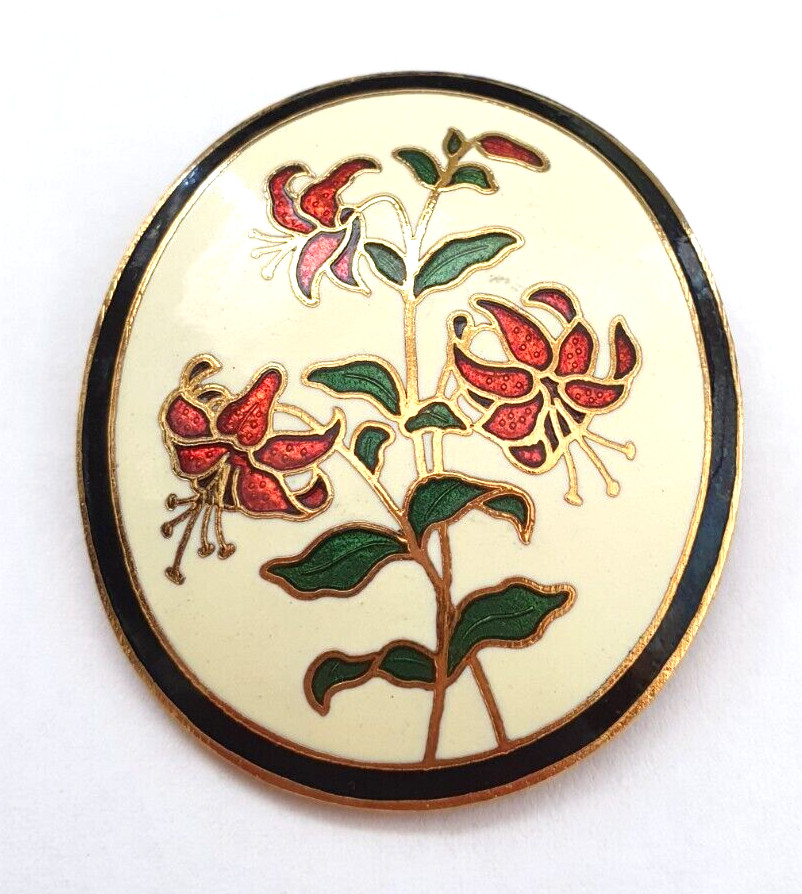 Fish Signed Cream Red Green Enamel Cloisonné Lilly Oval Gold Tone Brooch Pin