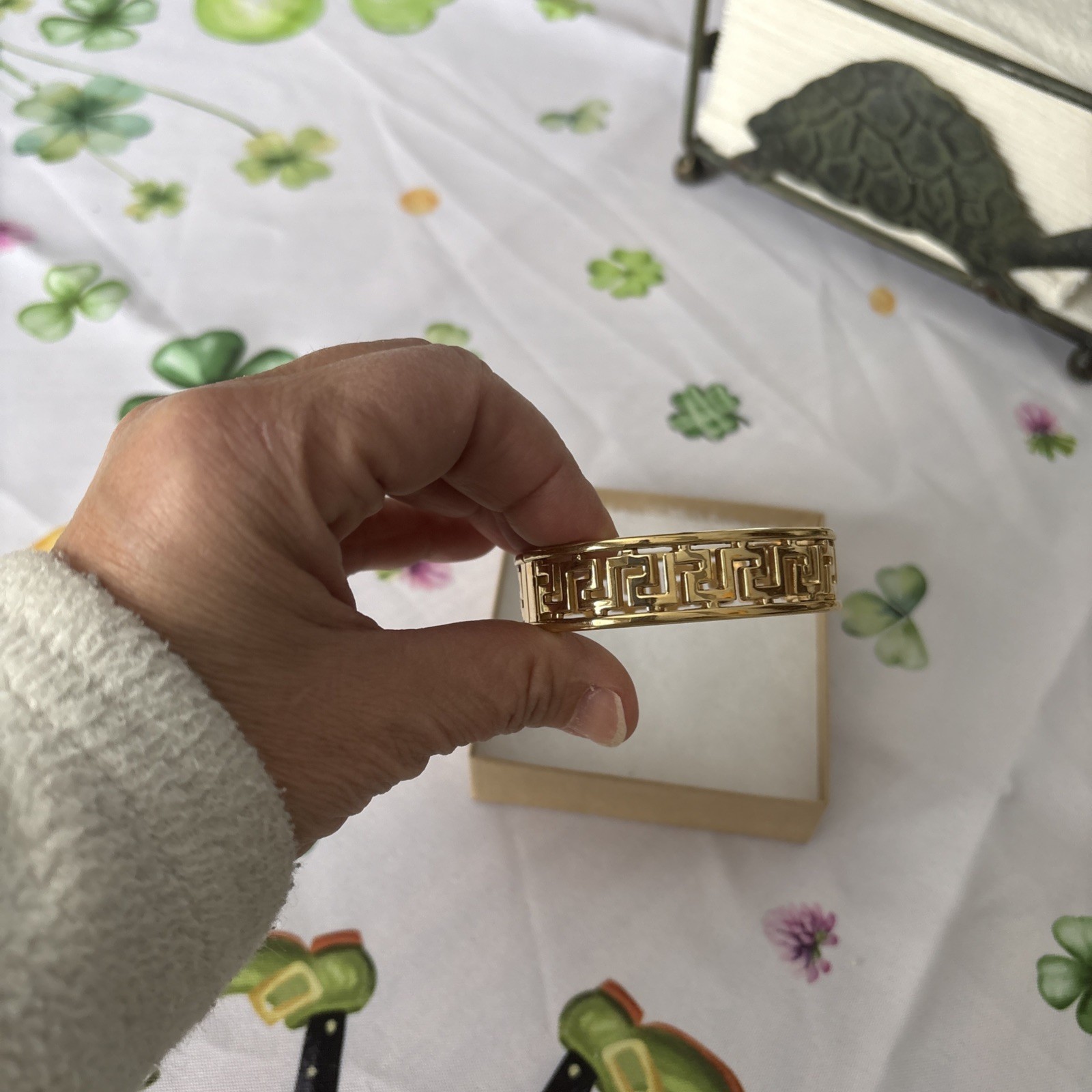 Gold Tone Greek Key Bracelet Hinged Bangle Womens 6.5 Inch Statement
