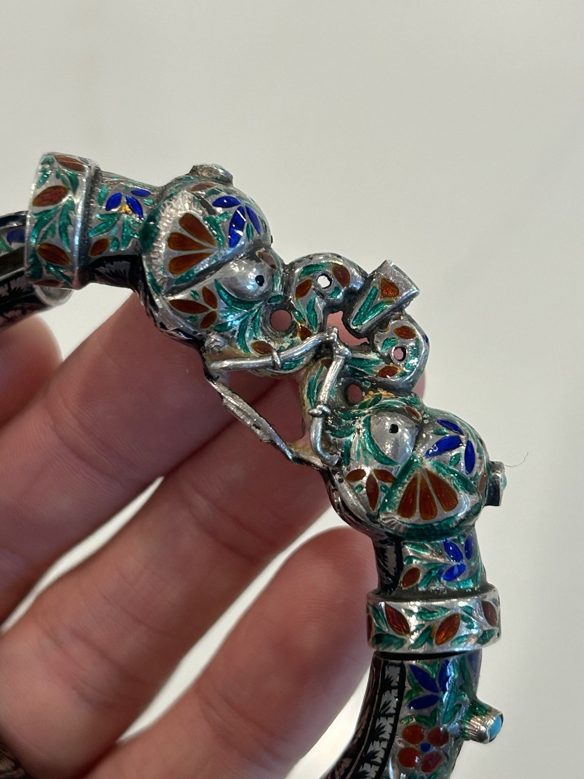 Vintage Indian Meenakari Sterling Enameled Elephant Head Bangle Turquoise AS IS