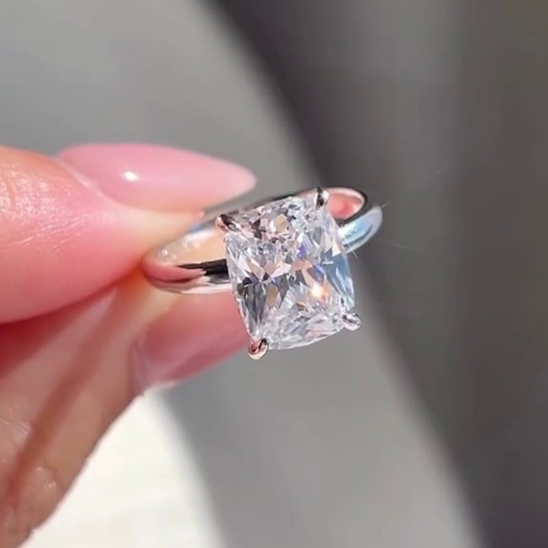 3.85 TCW Elongated Cushion Cut Moissanite Engagement Ring 14K White Gold Plated