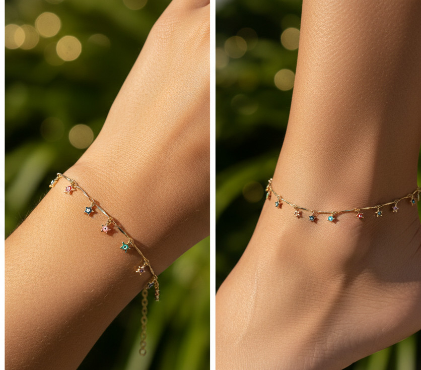 Charming Floral Evil Eye Bracelet Gold Plated Designer Multi-Color Chain
