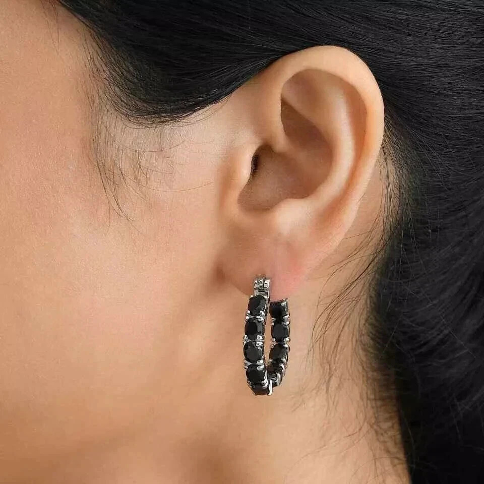 Lab Created Black 3Ct Oval Cut Spinel Huggie Hoop Earrings 14K White Gold Plated