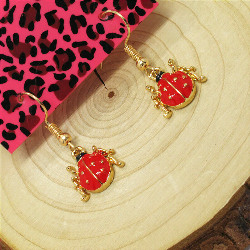 Pretty New Yellow Gold Plated Red & Black Enamel Lady Bug Hook Dangle Earrings
