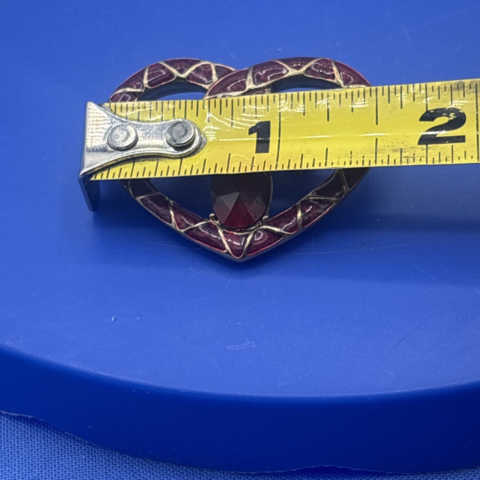 Vintage Red Enamel Heart Pin Pendant Faceted Stones Gold Tone 1.5” Double Use