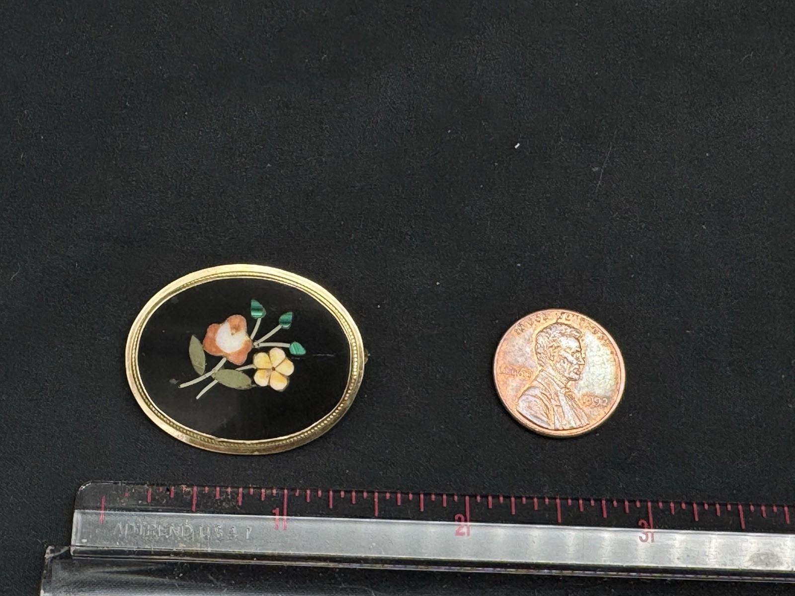 Vintage 14K Gold Pietra Dura Mosaic Multi Stone Floral Brooch Pendant, 7.5 gram
