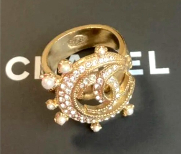 CHANEL Ring Moon Coco Mark Gold Tone Rhinestone US6-6.25 15C Excellent Condition