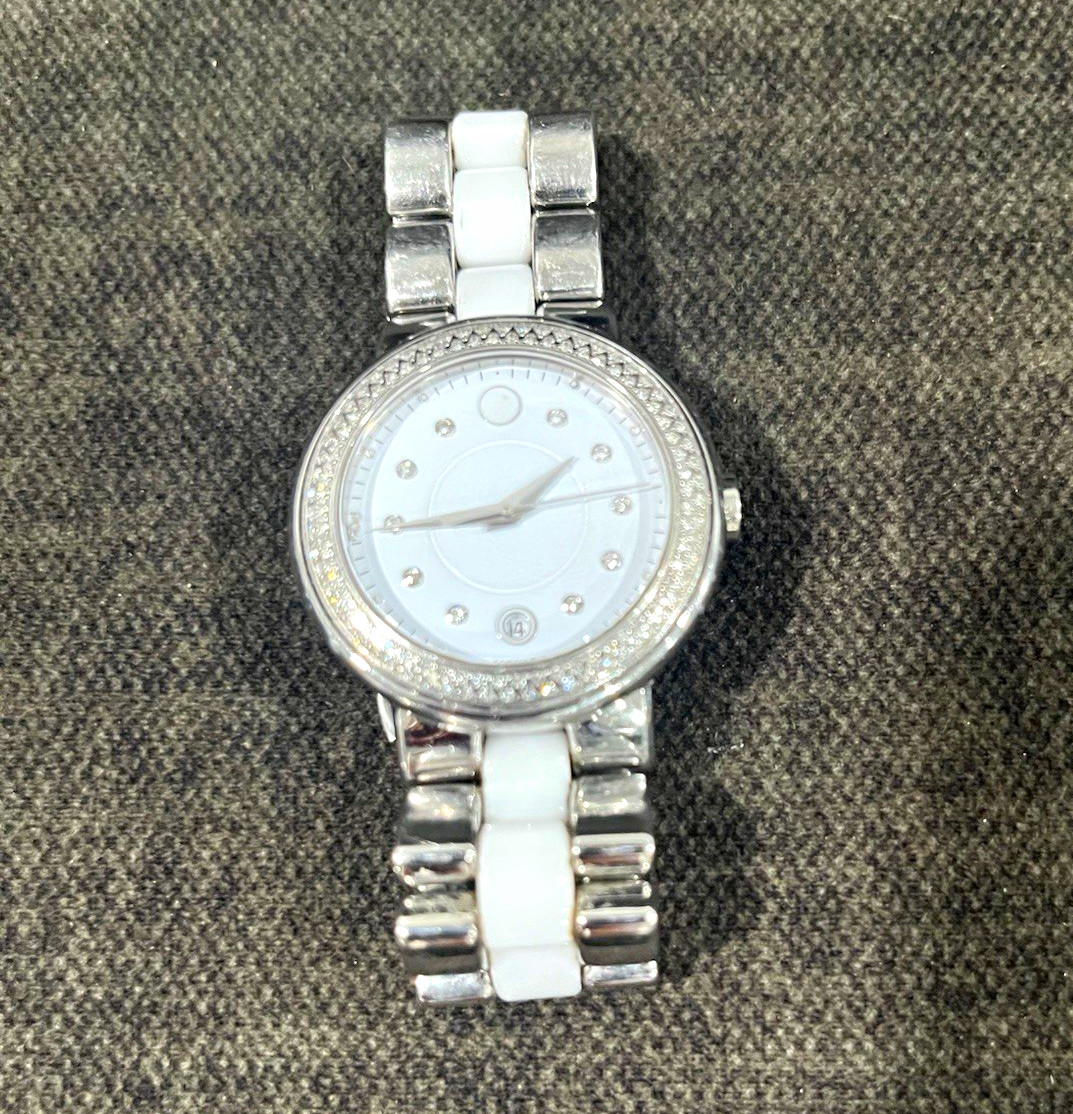 Movado Museum Women’s Quartz Watch White Dial Crystal Bezel Date SS Bracelet