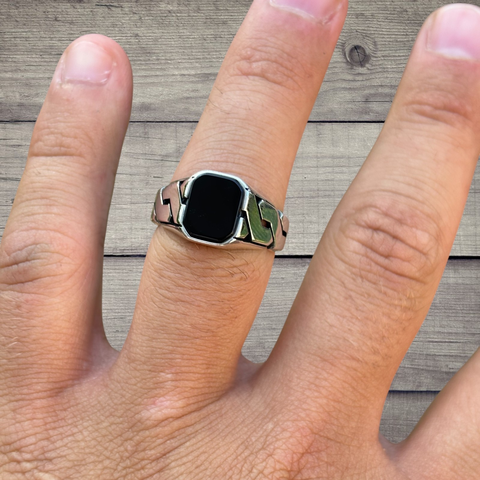 Black Onyx Stone Cuban Ring – Real Solid 925 Sterling Silver MADE IN ITALY