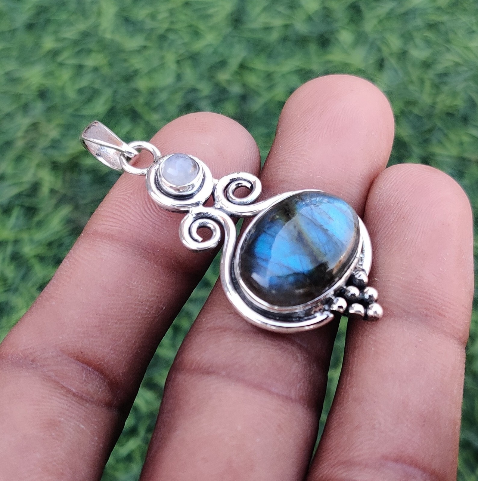 Labradorite& Moonstone Gemstone 925 Sterling Silver Designer Pendent SK2038