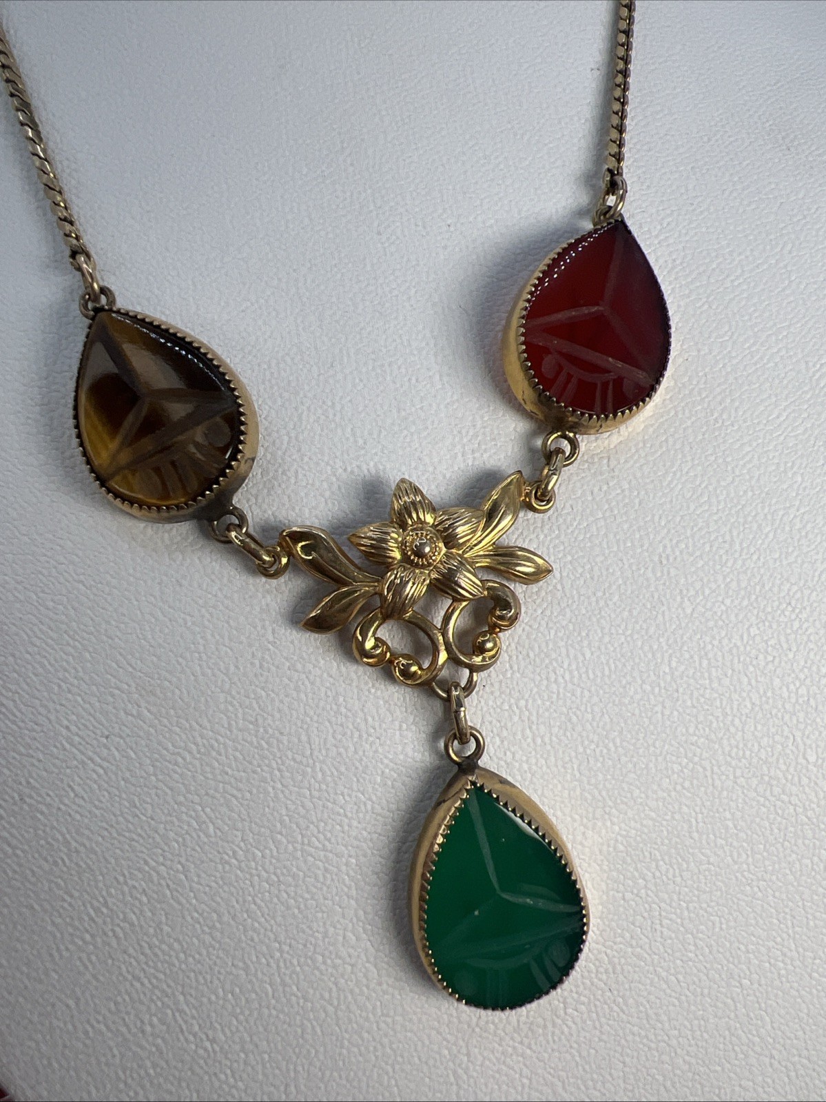 Vintage 1/20 12K GF AMCO Scarab Gemstone Necklace 16” Egyptian Revival