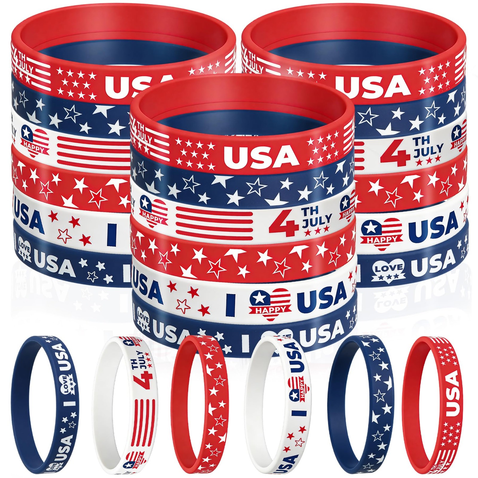 American Flag Silicone Bracelet 18 Pcs 4th of July Patriotic Wristbands | Red Wh