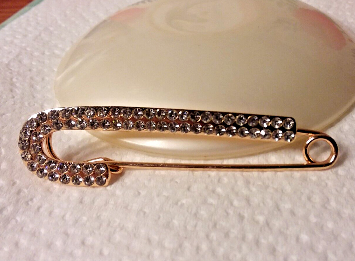 3″ Gold Tone Rhinestone Safet Pin Brooch Marked “X” 07-01-2024