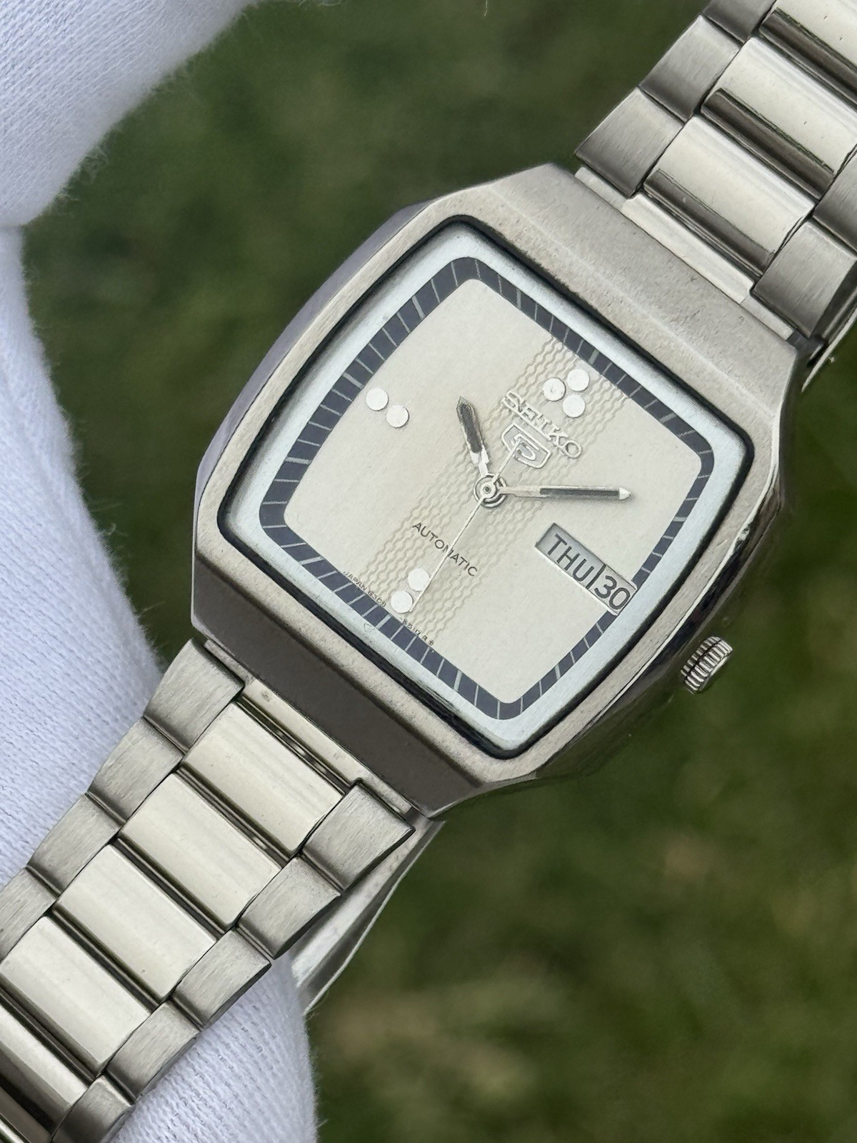 Vintage Seiko 5 Automatic 6309 Mens WristWatch Silver TV Dial Day Date Japan 21J