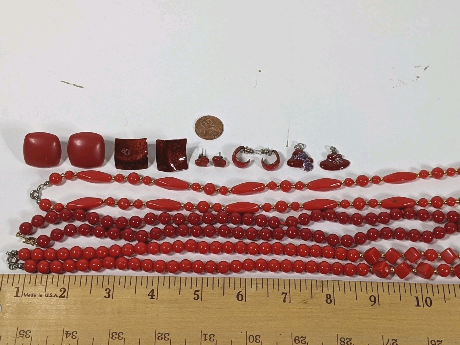 Red Jewelry Lot Necklaces Earrings Charms One Trifari & Unbranded All Vintage 8p