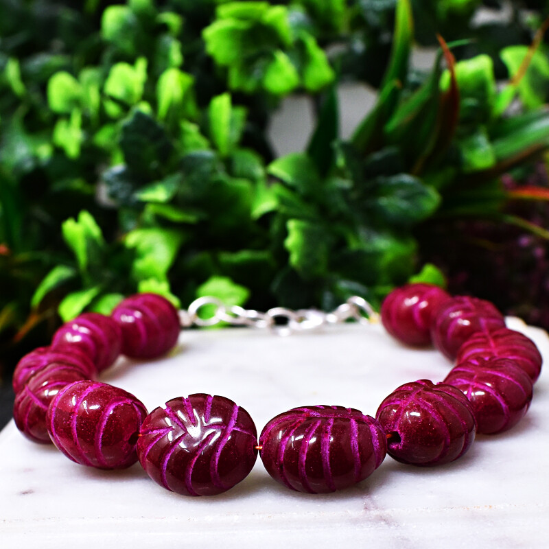 190.00 Cts Earth Mined 7 Inches Long Red Ruby Carved Beads Bracelet NK 12E181