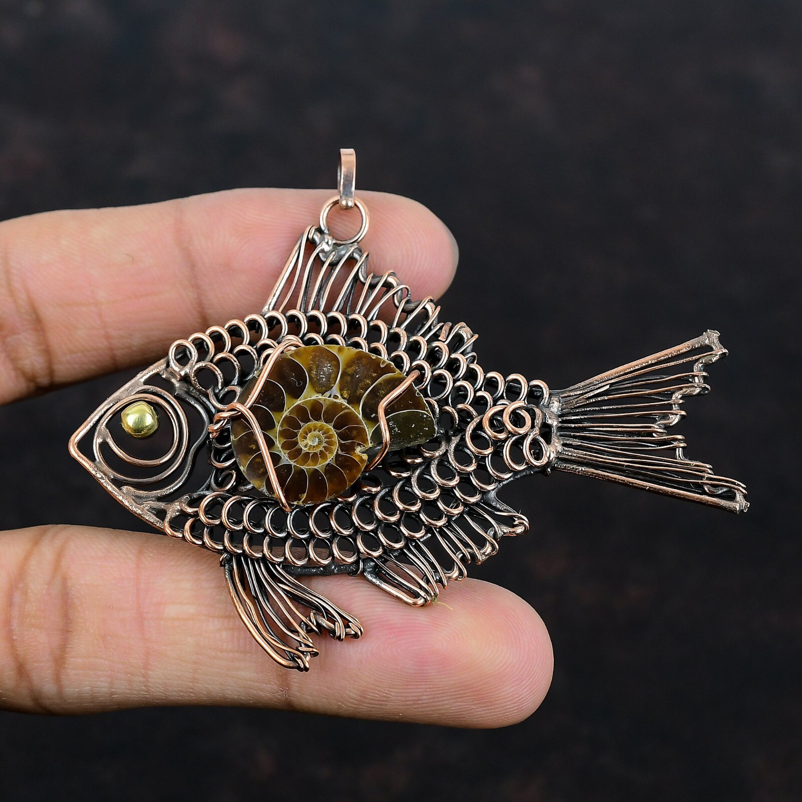 Gift For Her Ammonite Fossil Wire Wrapped Fish Pendant Copper Jewelry 2.56″