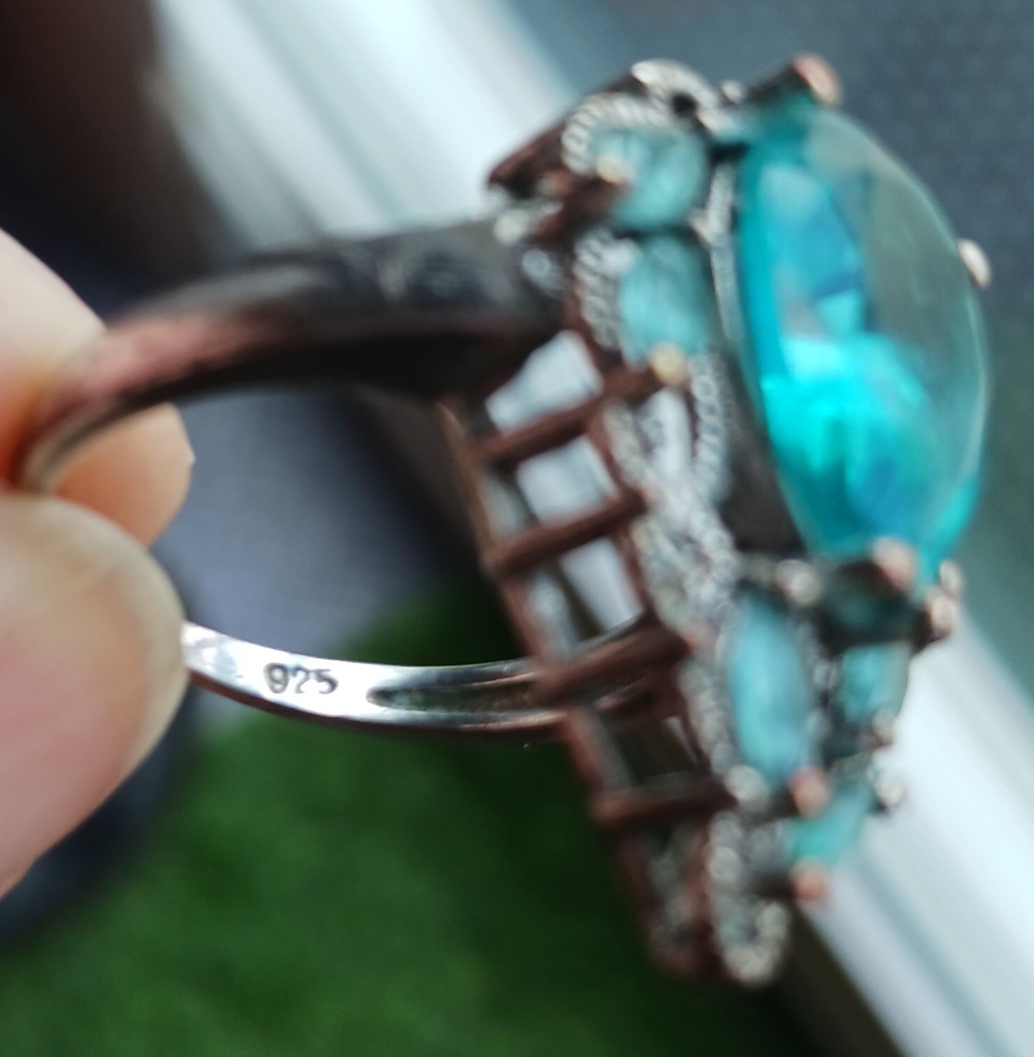 Vtg Cocktail Ring Aqua Blue Silverplate/ Silvertone Estate Ring Sz 7.75