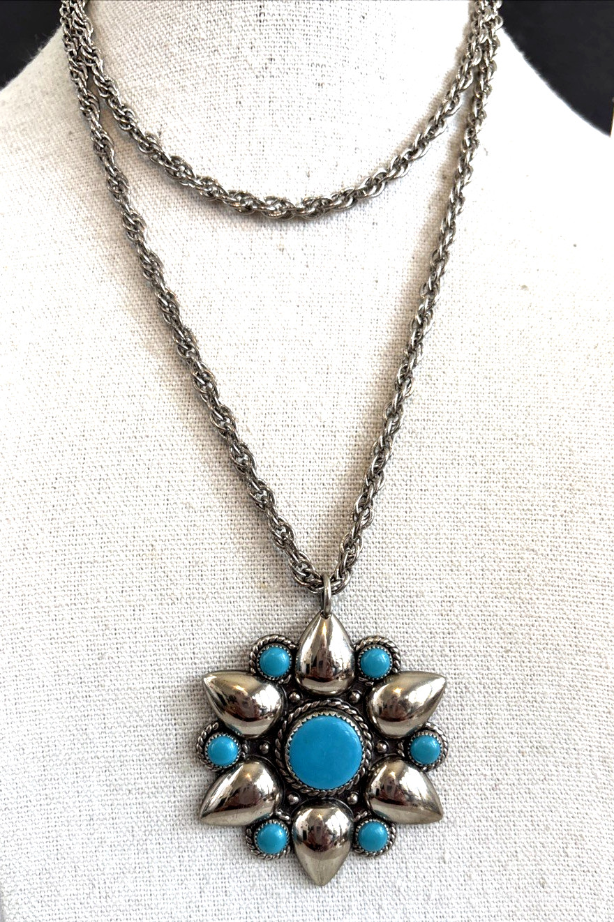 VTG Bell Trading Post Nickle Silver Faux Turquoise Pendant Signed Starburst