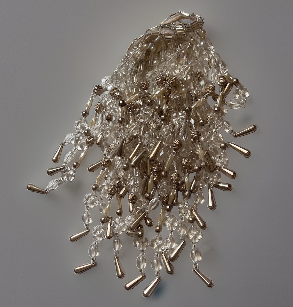Clear Crystal Beaded Collar Bib Necklace Metallic Silver Teardrop Fringe Craft