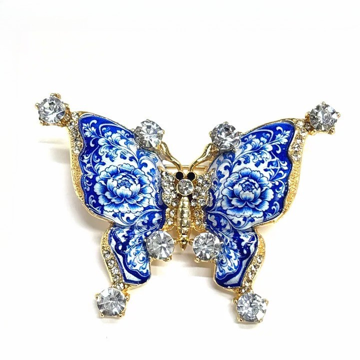 Big Crystal Blue Floral Butterfly Brooch