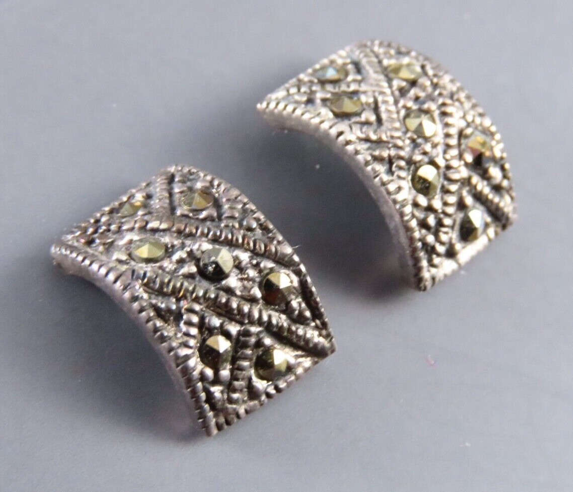 VTG STERLING SILVER Curved Rectangle Earrings MARCASITE PAVE SPARKLE Gothic