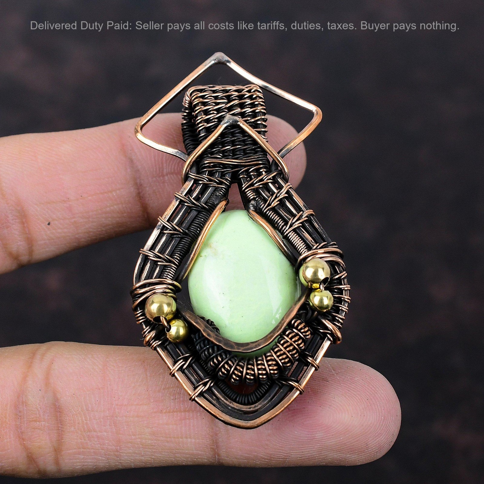 Black Friday Sale Lemon Chrysoprase Gemstone Wire Wrapped Sister Pendant Copper