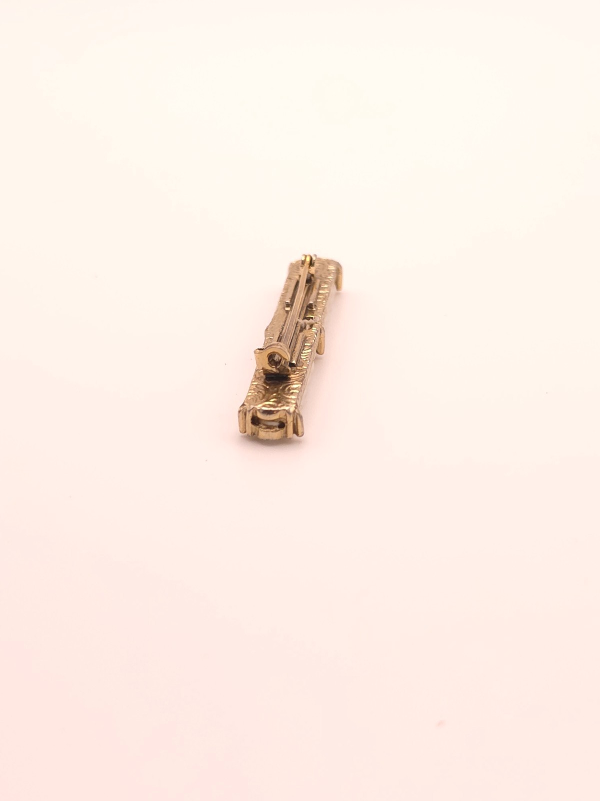 Vintage Gold Tone Bar Brooch Pin Round Simulated Pearl & Clear Rhinestone