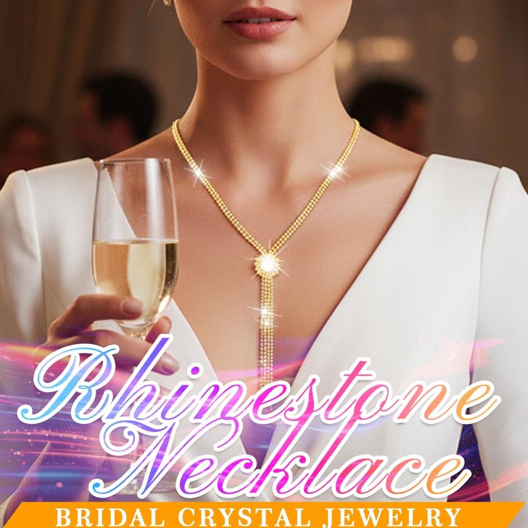 Rhinestone Y-Necklace Choker Chain (18.5in (Length), 9.4in (Height), Gold)