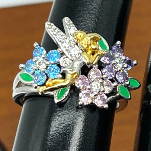 Ring Silver Tone Multi-Color Crystal Flowers w/Gold & Silver Flying Fairy Size 6