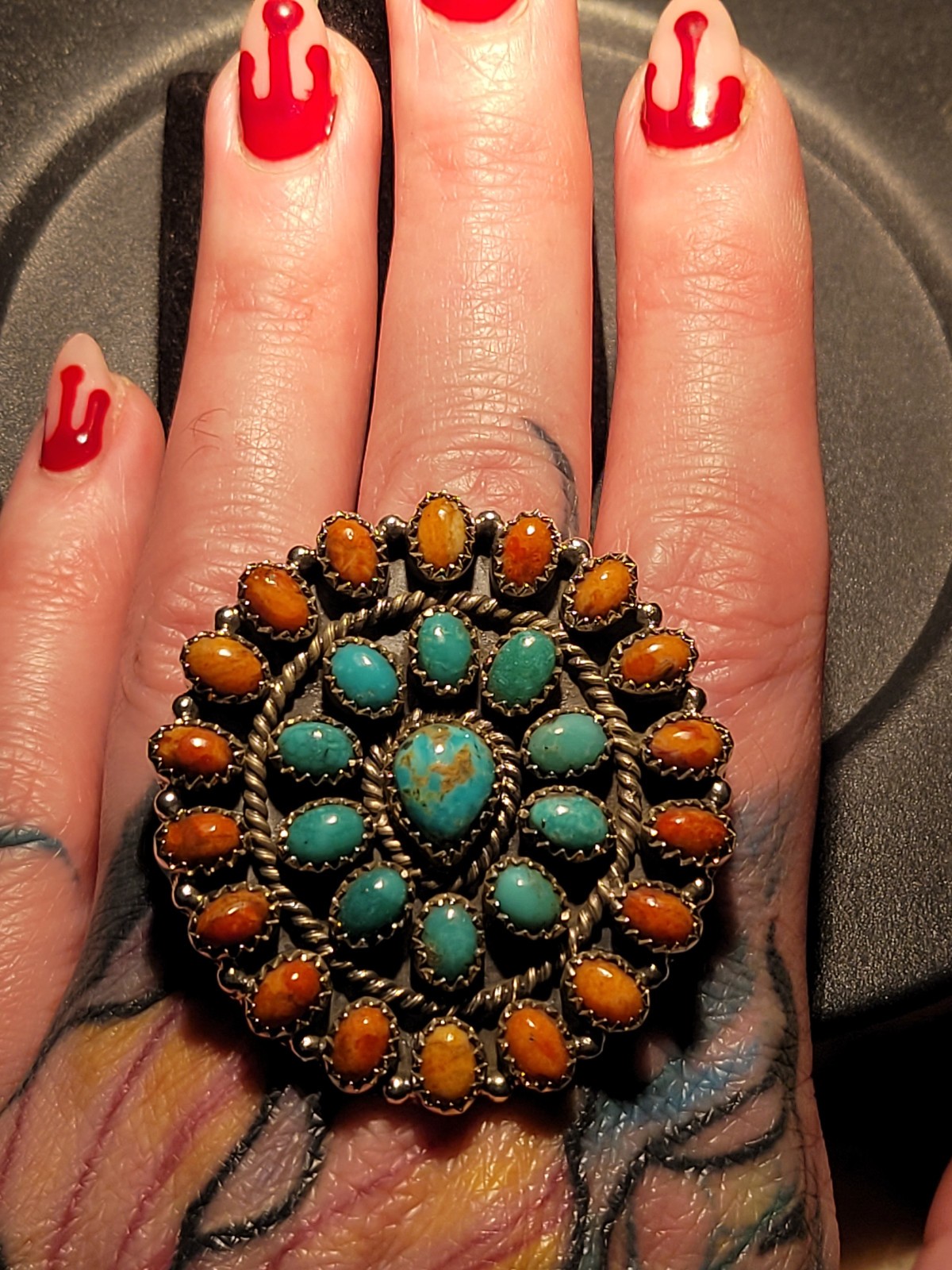Turquoise & Orange Mojave SS 925 Adjustable Handmade Statement Ring -closed back