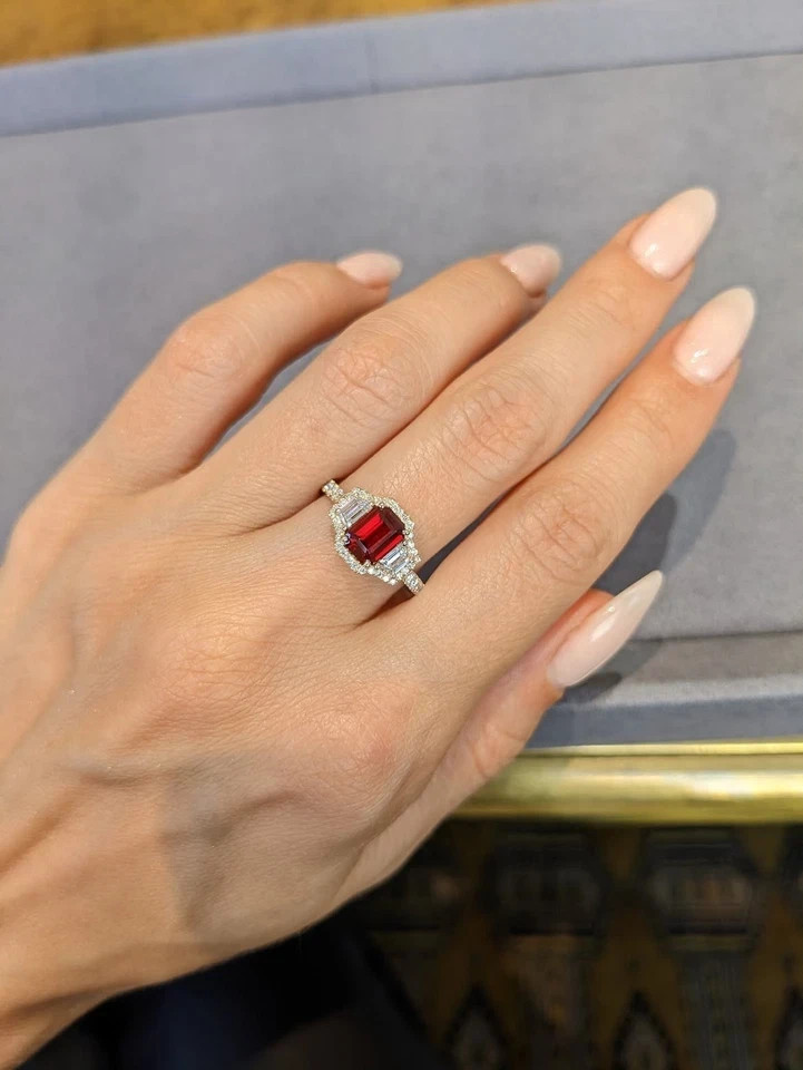 2.80Ct Emerald Cut Natural Ruby & Diamond Wedding Ring 14K Yellow Gold Size 6 7