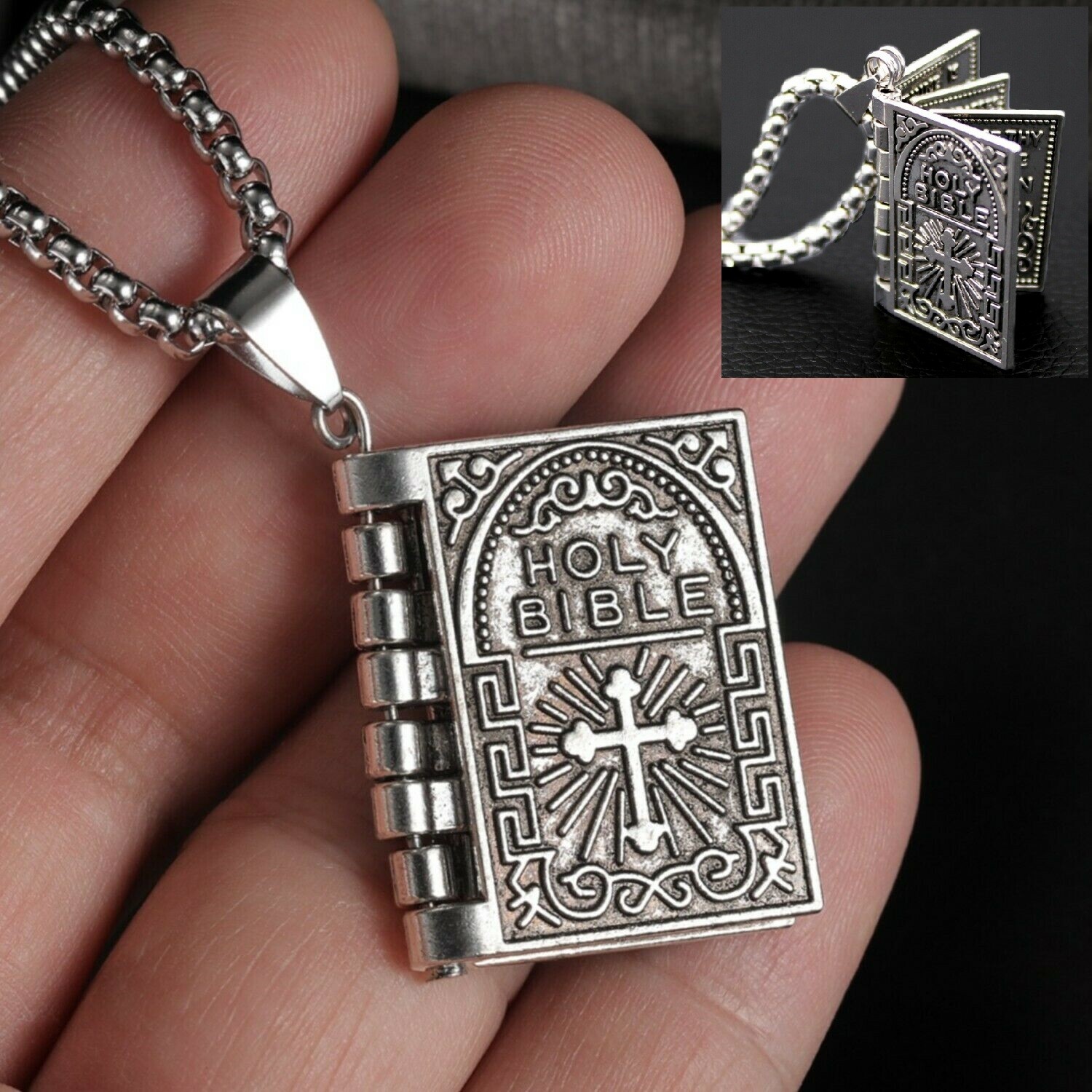 Openable Holy Bible Book Pendant Necklace Prayer Bible Verse Faith on God Unisex