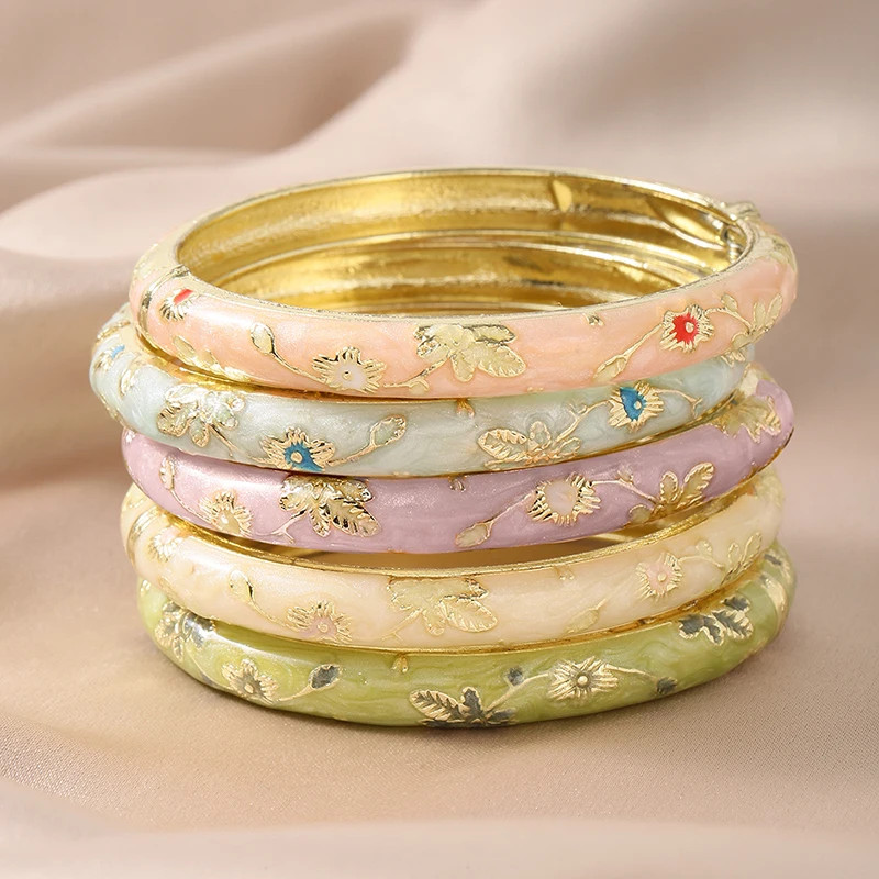 5PCS Fine Small Flower Cloisonne Enamel Bangles For Women Vintage Bohemian