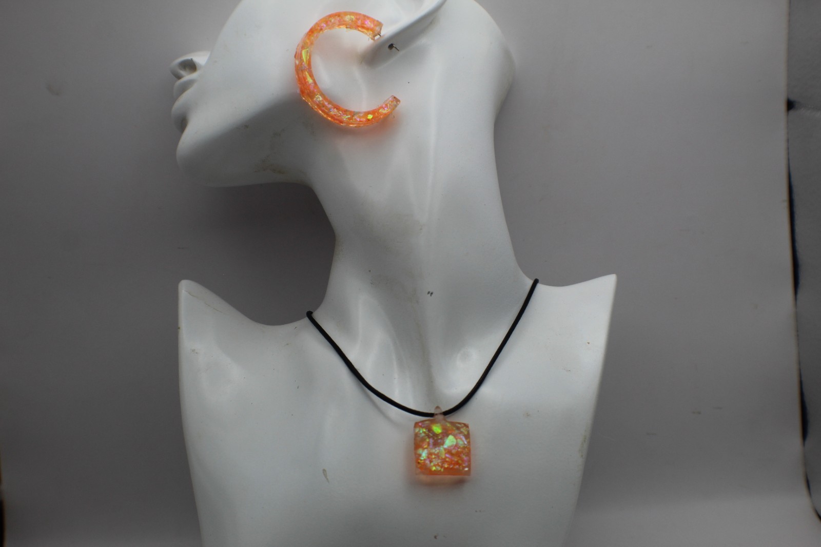 Bright And Shiny Orange Resin Jewelry Set Hoop Earrings And Necklace