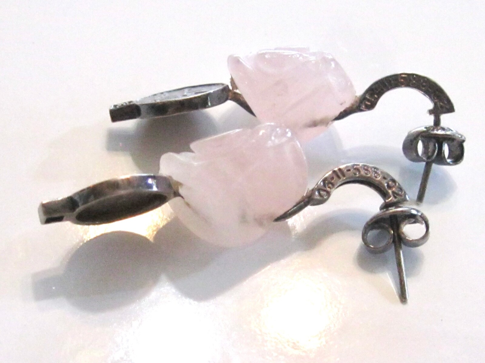 HANDMADE POST EARRINGS FLORAL CARVED ROSE QUARTZ COINS DIAMONDS MYSTERY NUMBER