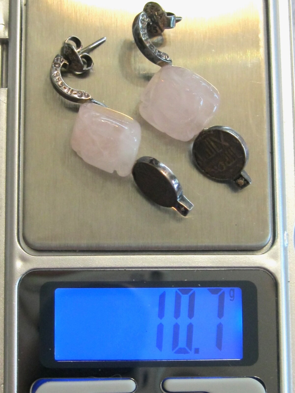 HANDMADE POST EARRINGS FLORAL CARVED ROSE QUARTZ COINS DIAMONDS MYSTERY NUMBER