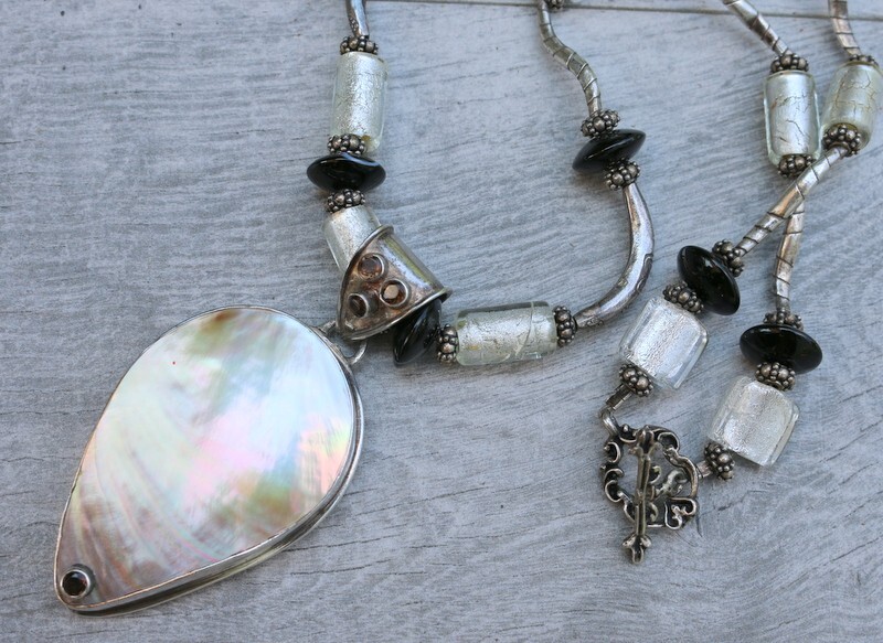 Vintage Sterling Silver 925 Mother Of Pearl Enhancer Murano Glass Necklace 93g