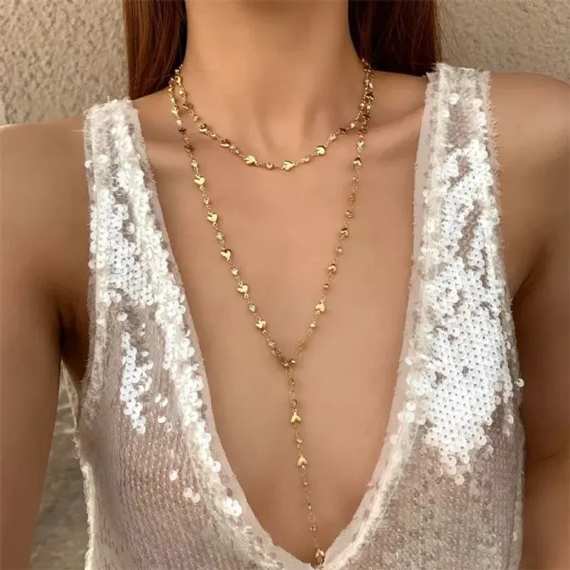 Trendy Gold Silver Color Glass Long Y-Shaped Necklace Metal Collarbone Chain