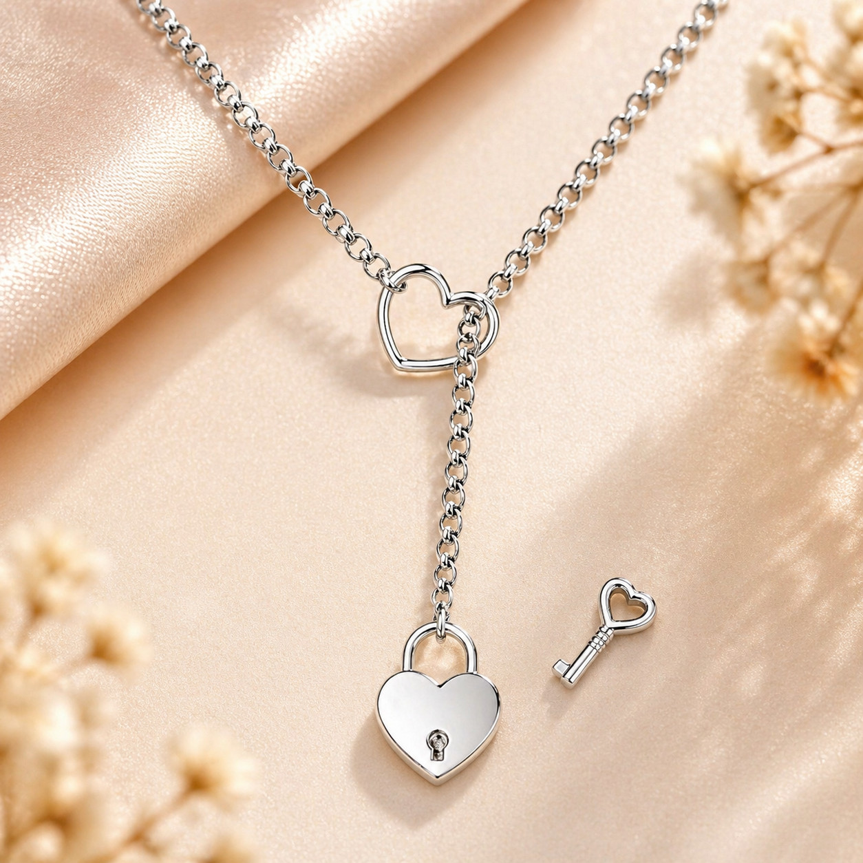 Love Lock Heart Necklace for Women – Romantic Stainless Steel Peach Pendant.