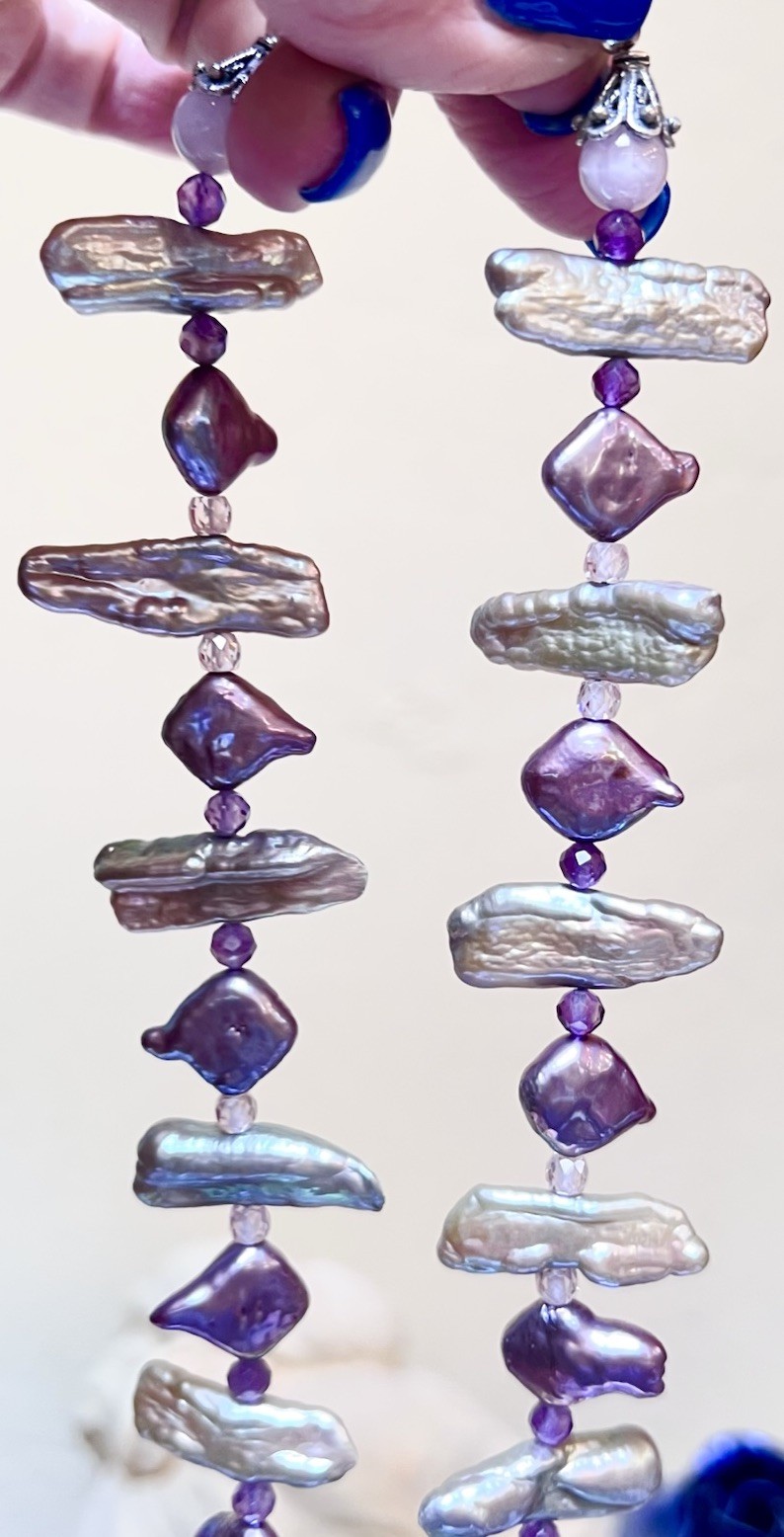 BEAUTIFUL Sterling Silver Purple, Blue, Silver Lustrous Pearl & Zircon Necklace