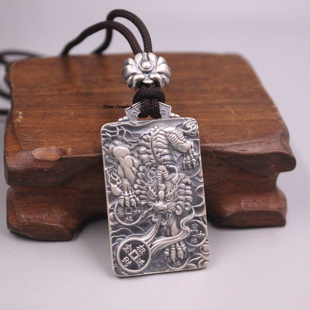 Pure S999 Fine Silver 999 Men Women Lucky Dragon Qilin Oblong Pendant 47*28mm