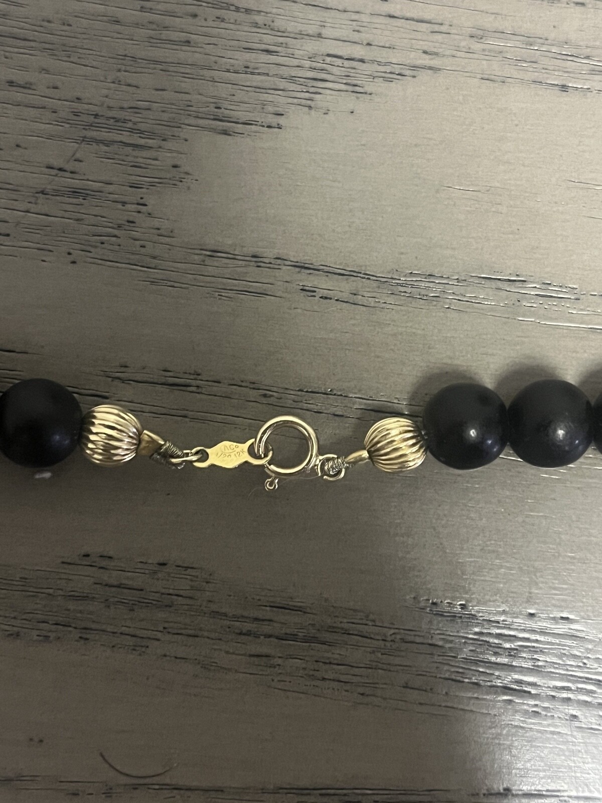 14Kt Gold Vintage Chinese Export Black Onyx Beaded Floral 34″ inch Necklace