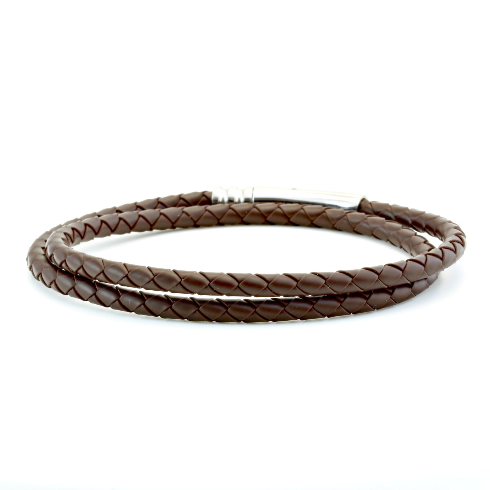 Men’s Double Wrap Braided Rubber Bracelet-Stainless Steel Trigger clasp-Brown