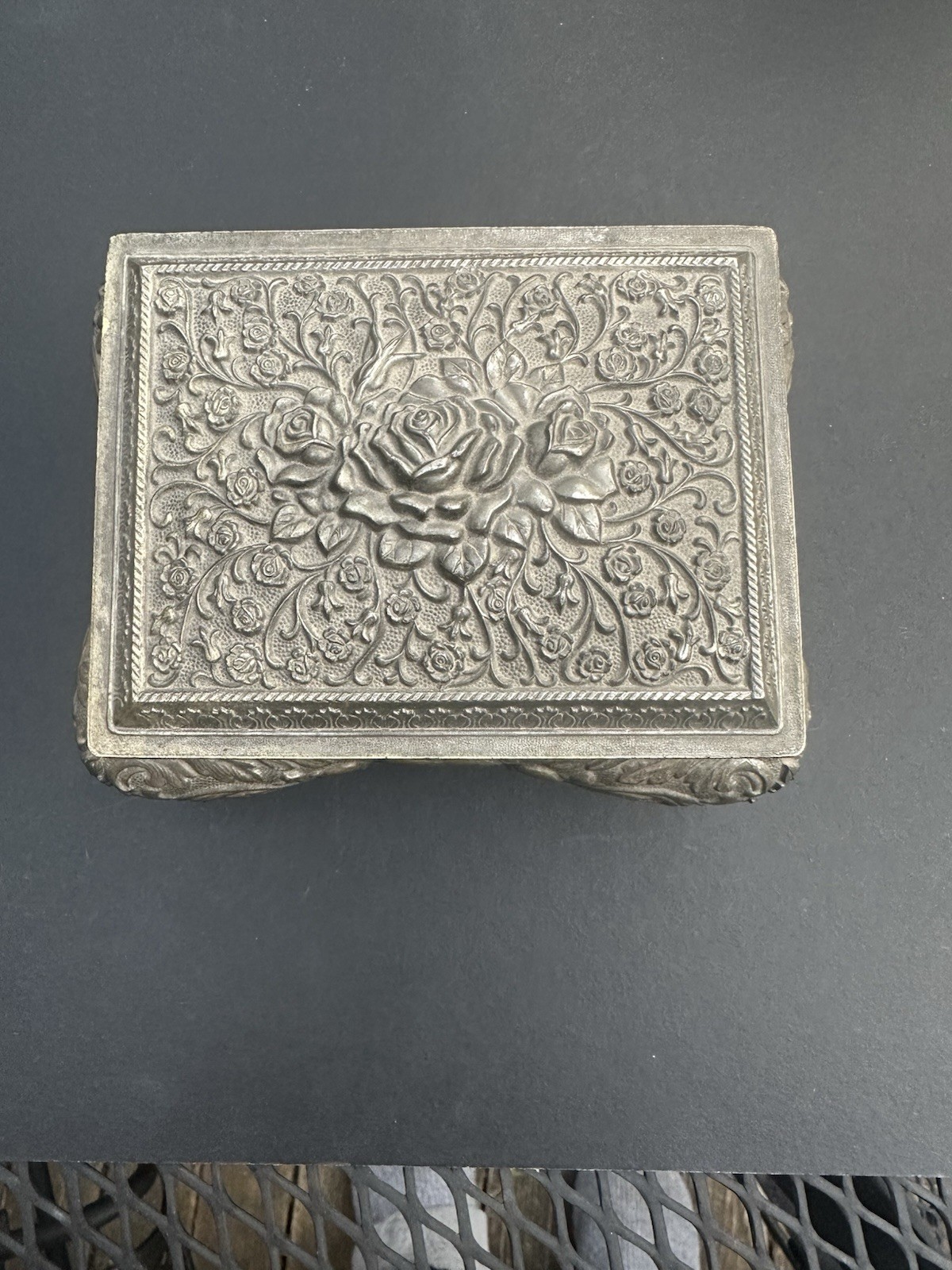 Silver Red Velvet Lined JAPAN Heavy Ornate Jewelry Keepsake Box Footed Vintage